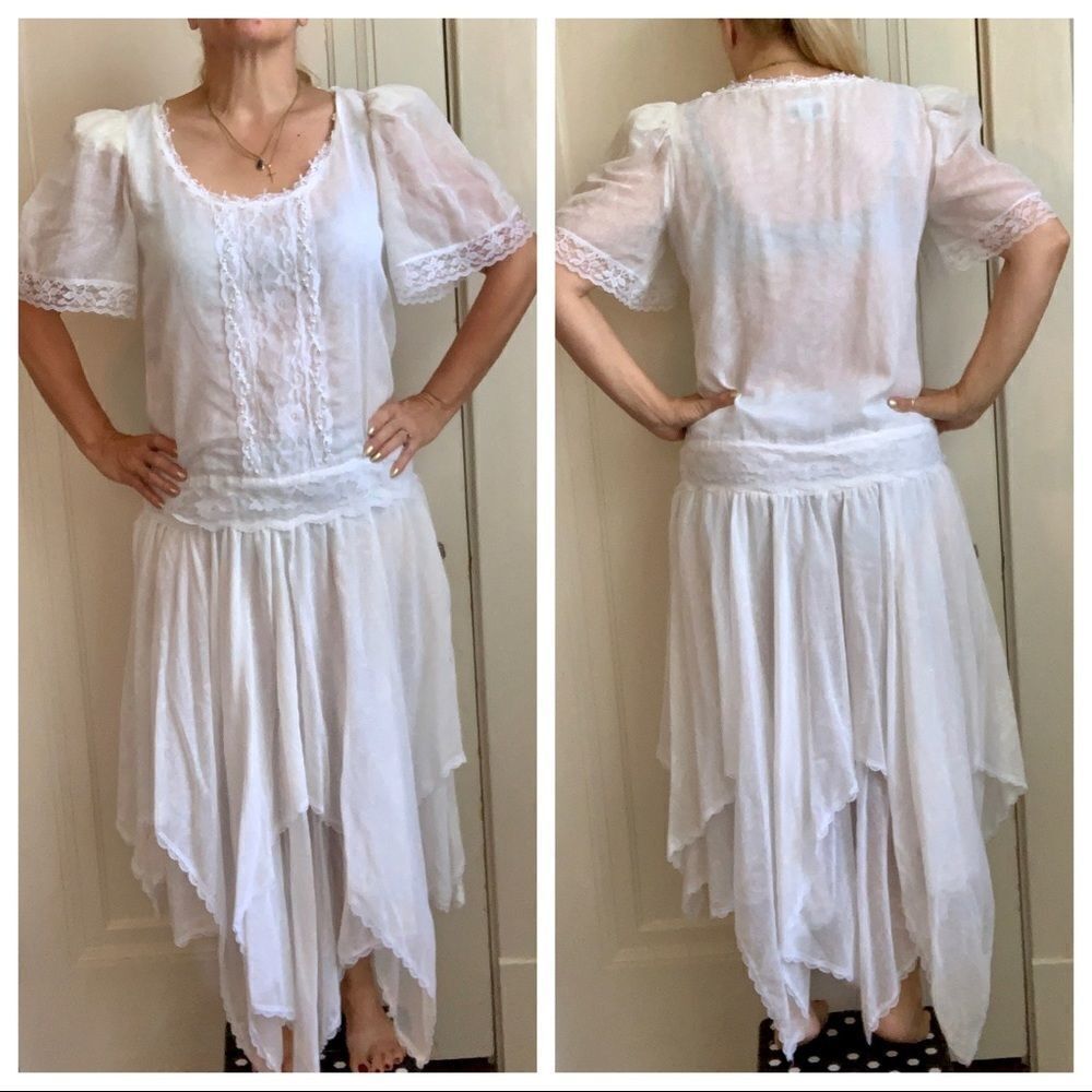 Vtg ACT 1 white drop waist cottage‎ core dress
